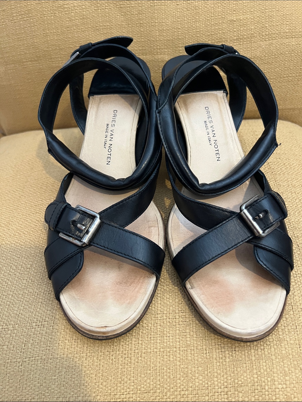 Dries Van Noten Black Leather Ankle Straps Adjustable Sandals